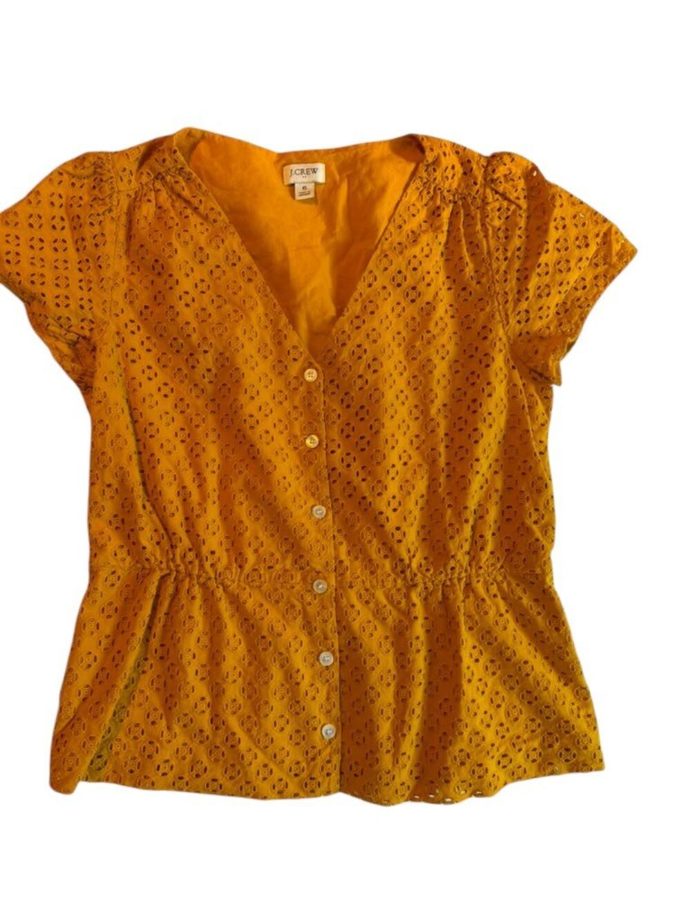 J.Crew Eyelet Cotton Blouse Women's Size 6 Mustard Button Front Peplum Top.